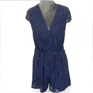 Lace Wrap Short Sleeve Romper in Navy